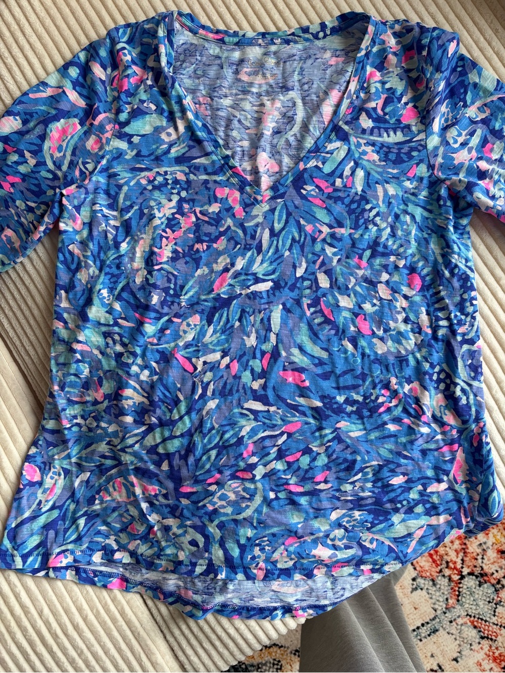 Lilly Pulitzer Blue V-Neck Floral Long Sleeve Top